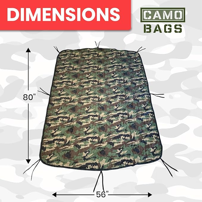 Camo Military Woobie Style Blanket- Waterproof Blankets with Adjustable Straps- 8 Pair Tie Cords military blanket with Reinforced Stitching- Ultralight RIBSTOP Travel Blanket for Camping &amp Outdoor