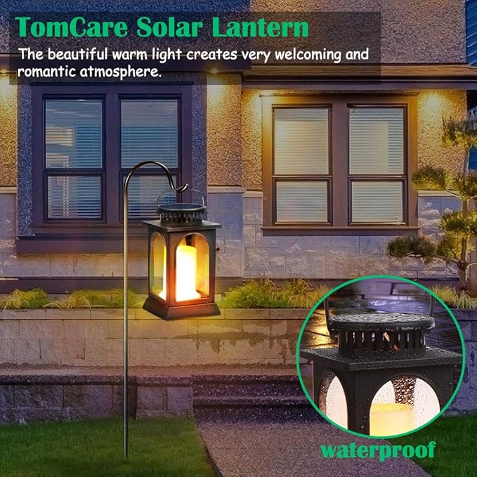 TomCare Solar Lights Flickering Flame Upgraded Metal Solar Lantern Outdoor Hanging Decorative Lanterns Heavy Duty Solar Powered Waterproof Outdoor Lighting for Patio Garden Deck Yard 2 Pack (Black)