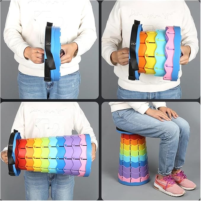 The Latest Portable Fun Casual Round Folding Chair Adjustable Plastic Fishing Stool Rainbow Telescopic Stooltool(Colorful Orange)