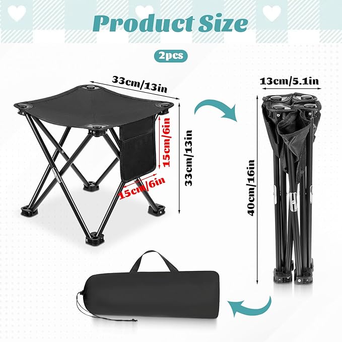 2 Pack Camping Stool 13 Inch Portable Folding Camp Stool with Side Pocket for Camping Fishing Hiking Gardening Outdoor Walking Foot Stools with Carry Bag Black