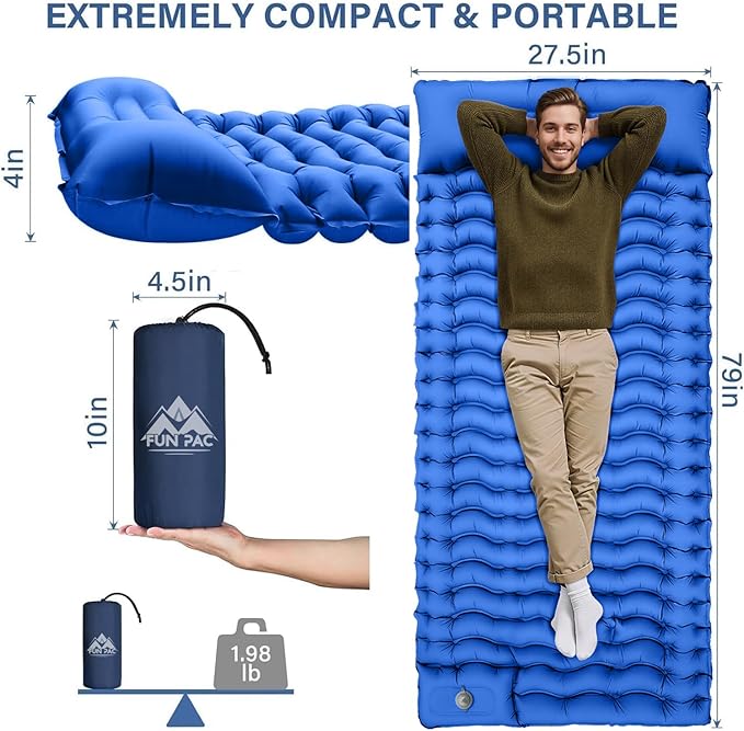 Camping Sleeping Pad Ultralight Camping Pad with Pillow Built-in Foot Pump Inflatable Sleeping Mat Compact for Camping Backpacking Hiking Traveling - Blue