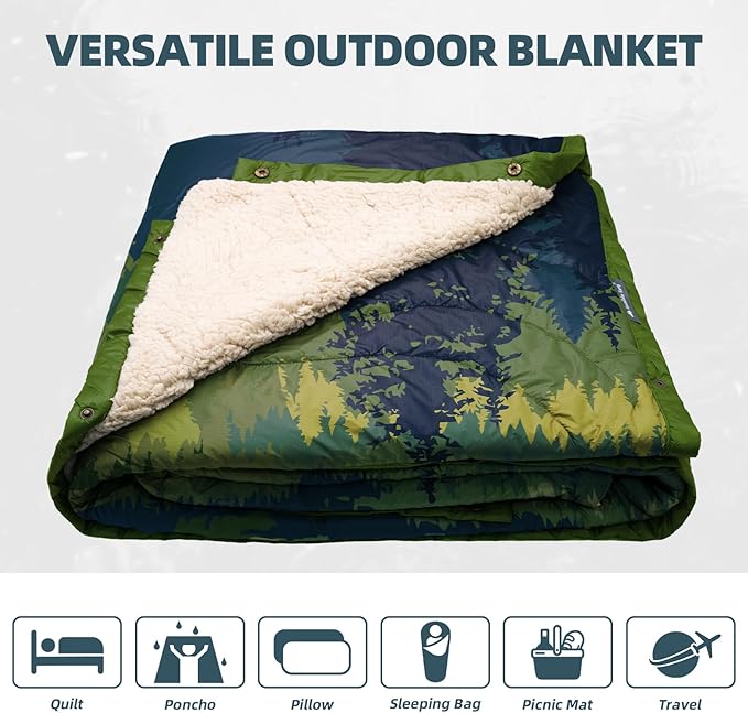 Outdoor Camping Blanket with Sherpa Lining Extra Warm Thick Camp Blankets and Puffy Ultralight Soft Poncho DWR Camping Quilt for Cold Weather Adventure Sleeping Backpacking 78x 56