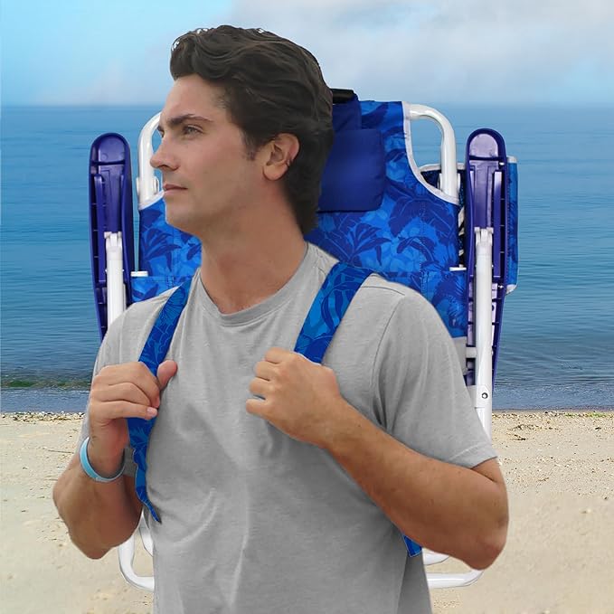 Nautica - Beach Chair Five Position Backpack Chair Portable &amp Adjustable with Padded Pillow and Cup Holders (Hibiscus Jungle)