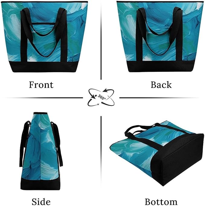 Insulated Shopping BagLarge Reusable Cooler Bags Blue Oil Paint Texture Printed Foldable Shopping BagTravel Waterproof Shoulder Bag