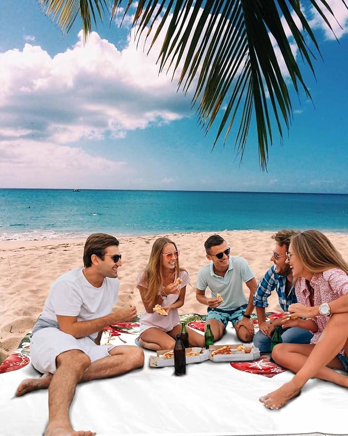 Beach Blanket Waterproof Sandproof OversizedChristmas Ball Red Poinsettia Berries Beach Mat with Corner Stakes Sand PocketsGreen Pine Leaves on White Picnic Mat for Travel Camping Hiking83x79In