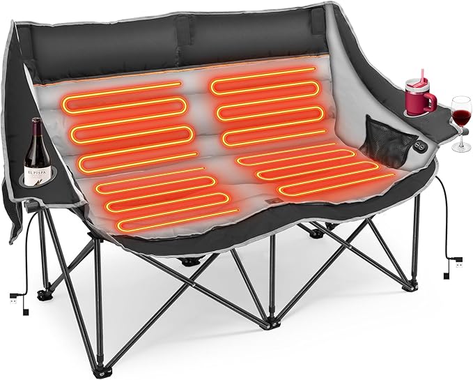 Suteck Heated Double Camping Chair Heated Loveseat Chair for Outdoor Sports W/3 Heat Levels &amp 4 Heating Zones Portable Folding Chair for Adults Use for Camping &amp Travel