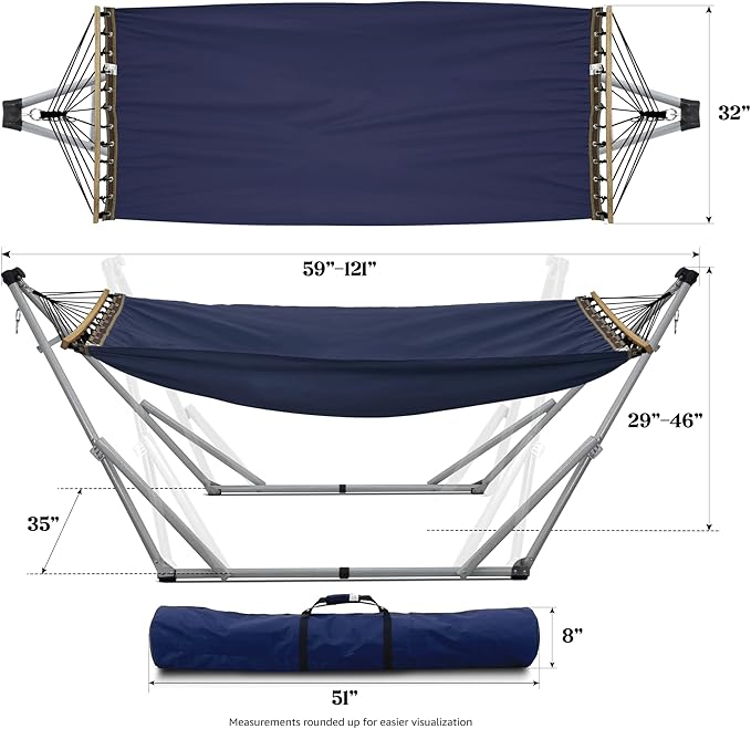 Tranquillo Ultimate Relaxation Portable Hammock Stand Foldable Hammock Stand with Canvas Hammock Spreader Bar Quick Fold Unfold in 30 Seconds Steel Frame Hammock 600 lbs Capacity White/Navy