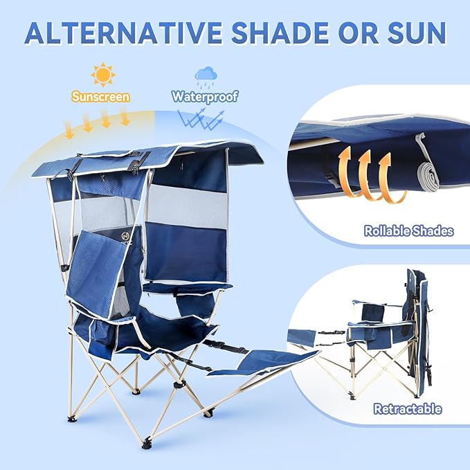 CDEN Canopy Chair Camping Chair with Canopy Chair with Shade Beach Chair USB Type-C DC outlets for Phone provided 30W Output with Solar Panel footrest (2 Pack)