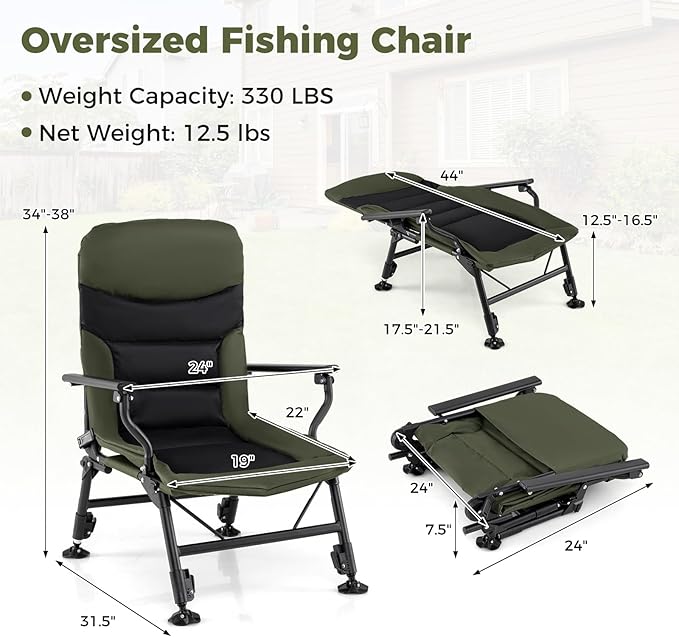 Goplus Oversized Foldable Fishing Chair for Adults Heavy Duty All-Terrain Camping Chair with Padded High-Back Armrest Adjustable Feet Portable Recliner for Outdoor Patio Beach Garden