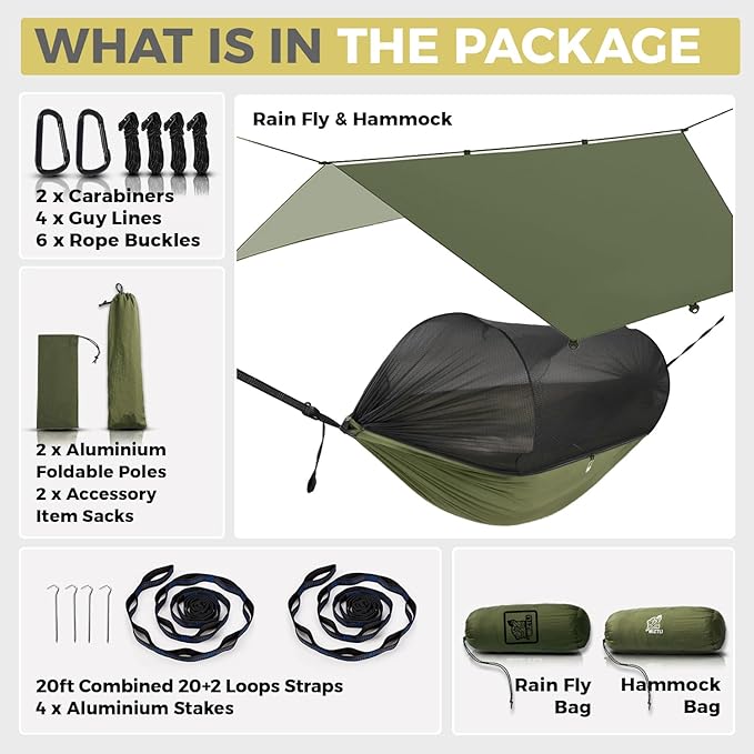 Miztli Camping Hammock with Net &amp Rain Fly All-in-1 - Double &amp Single Portable Hammock Ripstop Nylon Complete Kit w/Adjustable Tree Straps for Backpacking Outdoor Travel