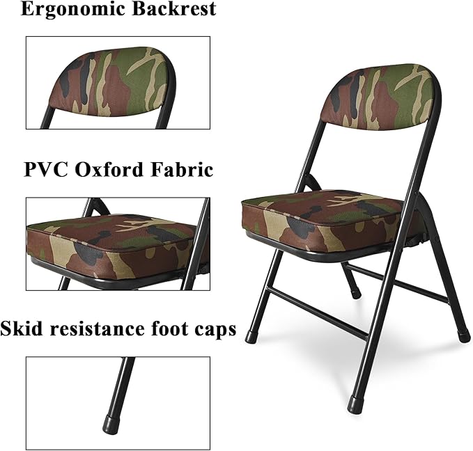 Mini Padded Folding Chairs Garage Stool Portable Camping Chair with Cushion Lightweight Lawn Chair for Outdoor Sports Events Patio Fishing Hiking Hunting Picnic Beach (Camo Green)