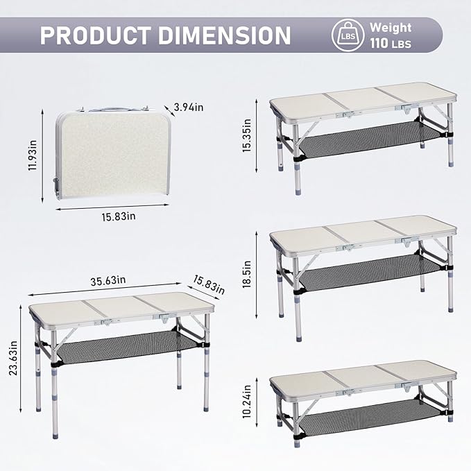 VINGLI Small Folding Table Portable 3FT Aluminum Foldable Camping Table for Picnic Card Table with 3 Adjustable Height &amp Carry Handle for Outdoor Indoor Hiking Camp BBQ Beach-White