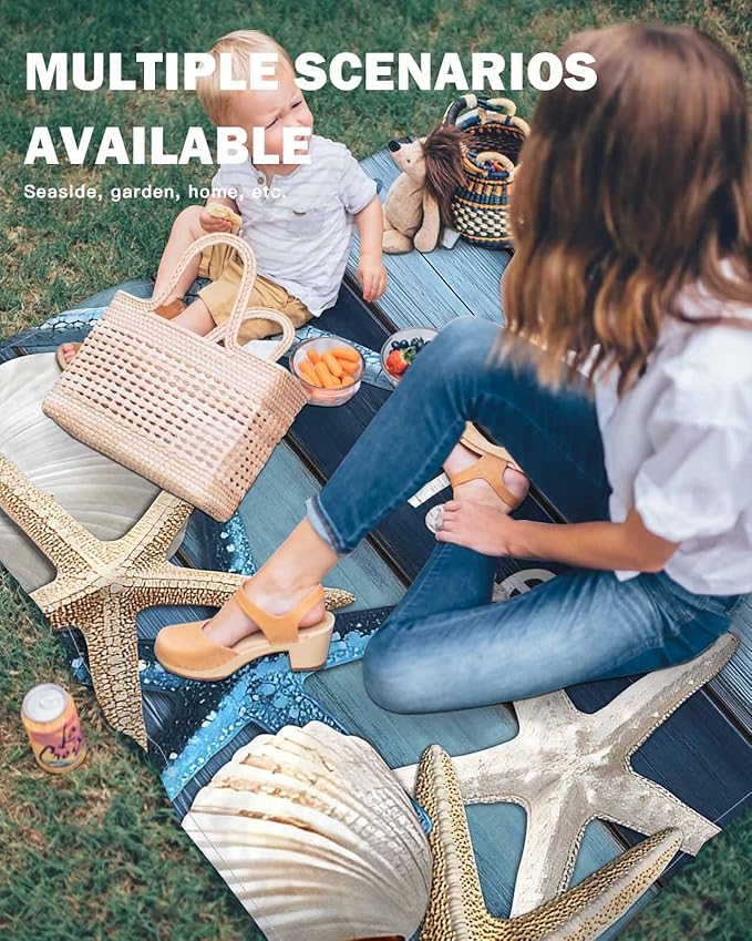 Beach Blanket Waterproof Sandproof Picnic Blanket 83x79 Foldable Beach Mat with Starfish Farmhouse Shell Country Wood Grain Ocean Pattern for Camping Park Grass Beach Travel