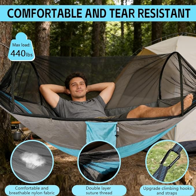 Camping Hammock with Mosquito Net - Double &amp Single Portable Hammocks with 2 Tree Straps Lightweight Hammock Tent for Outdoor Camping Hiking Backpacking Beach &amp Backyard (Blue)