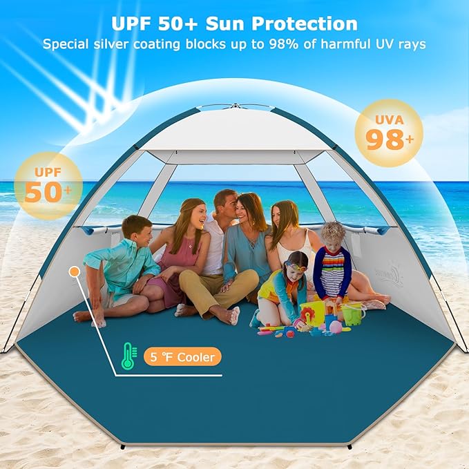 COMMOUDS Beach Tent Sun Shade for 3/4/6/8 Person UPF 50+ Beach Sun Shelter Canopy Tent Lightweight Easy Set Up and Carry