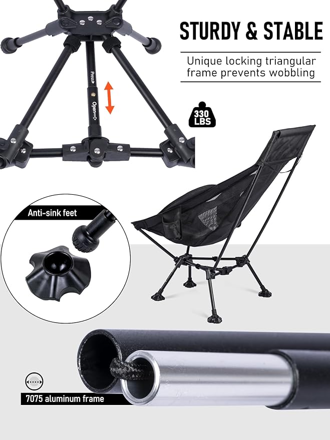 WildCall Lightweight Folding High Back Camping Chair with Head Support Compact Beach Chair with Anti-Sinking Large Feet and Three Tilt Angles Adjustment