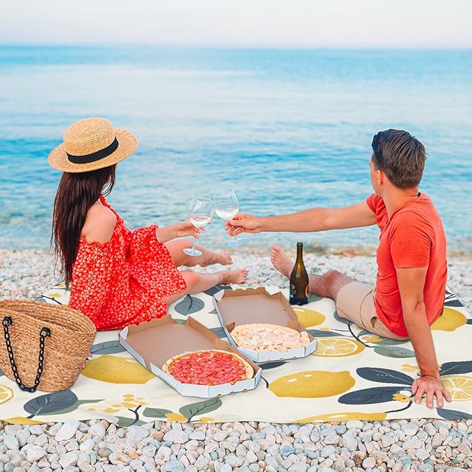 Waterproof Sandproof Beach Blanket 59''×68'' Lemon Flower Polyester Outdoor Picnic Blanket with 4 Stakes &amp Storage Bag for BeachCampingVacation Fruit