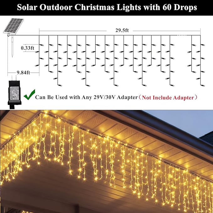 320LED Solar Christmas Lights Outdoor Waterproof Christmas Decorations Lights 29.5ft 60 Drops8 Modes Solar Powered Rechargeable Fairy Lights for Party HolidayWedding Decorations (Warm White)