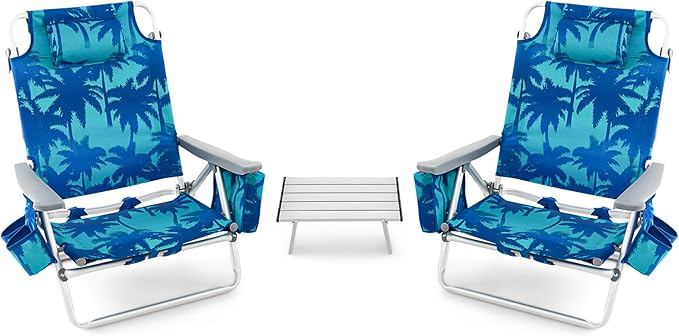 COSTWAY Backpack Beach Chairs Set 3-Piece Portable Camping Chairs with Cup Holder Ice Bag 5-Position Outdoor Reclining Chairs for Adults Travel Sunbathing Support 300 LBS Light Blue
