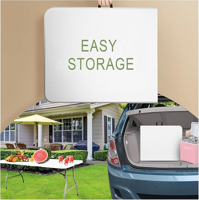 6ft Folding Table Portable Heavy Duty Plastic Utility Foldable Table Indoor Outdoor for Camping Party with Handle Lock - White
