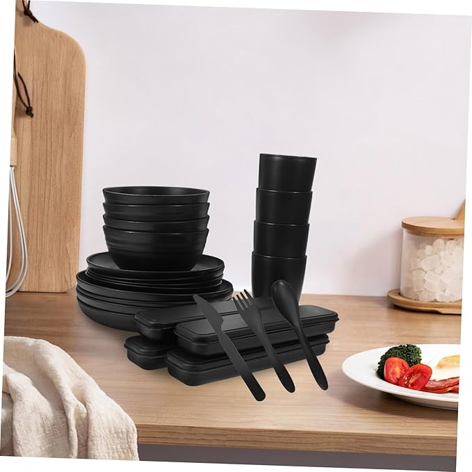 Alipis 28-Piece Black Dinnerware Set Portable Camping Cutlery with Bowls Plates Cups and Utensils Travel Tableware for Picnics and Outdoor Use
