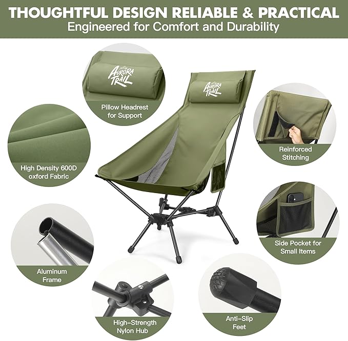 AuroraTrail High Back Folding Camping Chair with Pillow – Lightweight Portable Outdoor Chair with Cup Holder &amp Carry Bag Sturdy Aluminum Frame Supports up to 374 lb for Camping Hiking &amp Fest