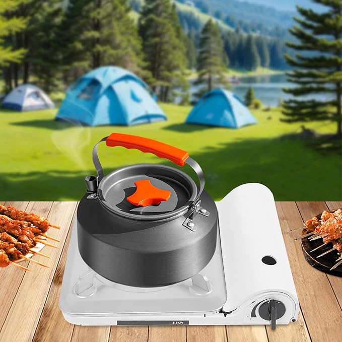 Portable Camping Stove 3500W Gas Stove with Grill Plate and Portable Case BBQ Grill Butane Camping Stove Camping Stove Ideal for Outdoor Cooking Camping Road Trip Gathering (White)