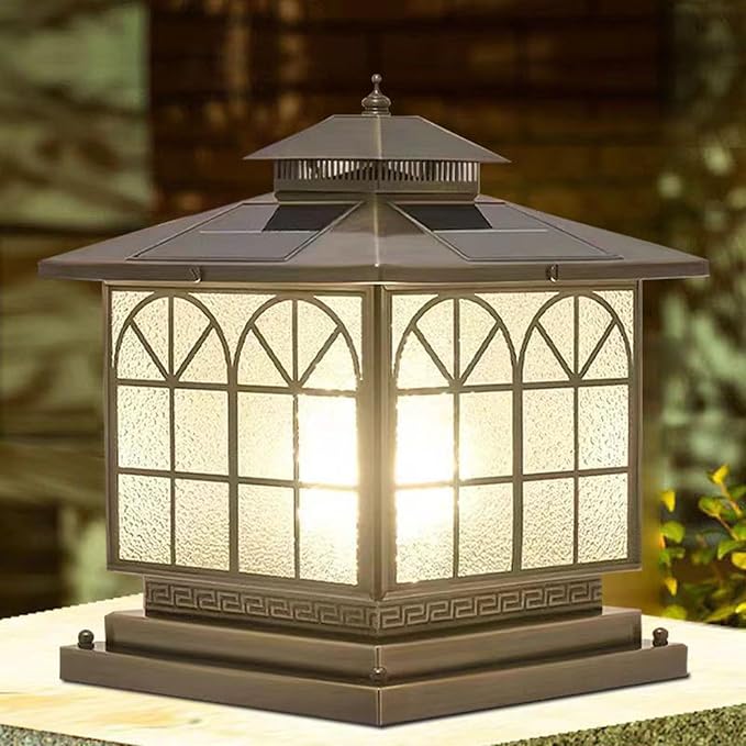 Copper Solar Outdoor Post Lights Vintage Patio Lawn Column Lamp Deck Lights Lantern Fence Lamp Fixture Luxury Landscape Lighting (Solar 12x12in Copper Brown)