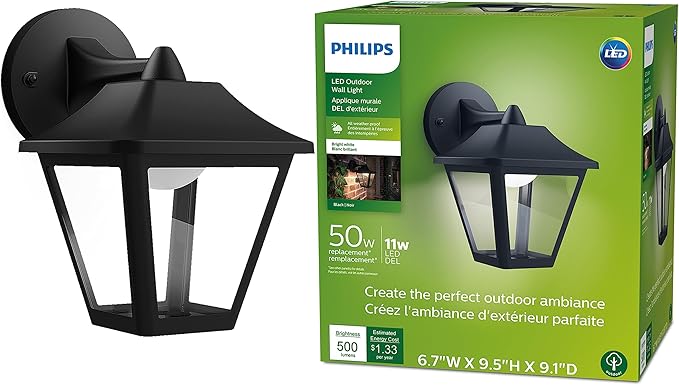 PHILIPS LED Outdoor Large Classic Wall Lantern 1-Pack Bright White (3000K) 500 Lumen (11W = 50W) Weather Resistant