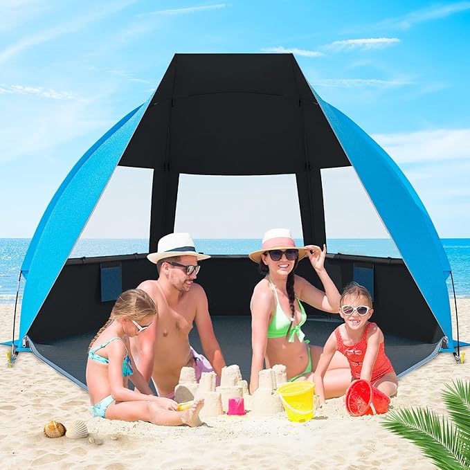 Gorich Portable Beach Tent for 3/4-5/6-7 Person with UPF 50+ UV Protection Lightweight &amp Foldable Sun Shelter with 5 Sand Bags Easy Setup Windproof Beach Umbrella Sun Shade