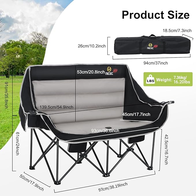Nice C Heated Camping Chair with Battery Outdoor Heated Folding Chairs Double Padded Camping Chair for Adults Camping Couch with Cooler Bag 2 Power Banks Included (Black&ampGrey)