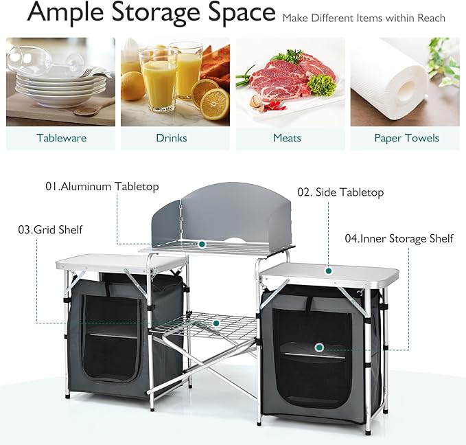 Goplus Folding Camping Kitchen Table with Storage Aluminum Portable Outdoor Cooking Table with Windscreen Foldable Camp Table Cook Station for BBQ Grill Party Picnics