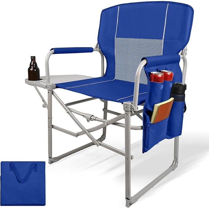 Camping Directors Chair Portable Folding Chair with Side Table and Pocket for Beach Camping Lawn &amp Fishing Navy