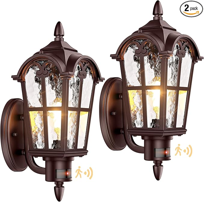 16in 2-Pack Large Motion Sensor Outdoor Wall Lights Dusk to Dawn Porch Lights Wall Mount Vintage Exterior Light Fixtures Sconces Lighting Brown Wall Lanterns Outside Lights for House Front Door