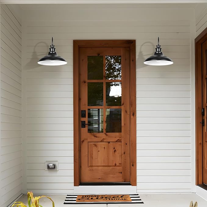 Outdoor Barn Light Fixture 16 Inch Large Dome Farmhouse Exterior Wall Mount Light Rustic Wall Sconce Indoor Wall Lighting Fixture Industrial Black White Lantern for Porch 1 Pack