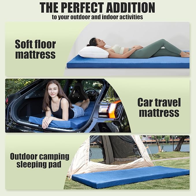 Sleeping Pad3-inch Thick Memory Foam Camping MattressPortable Roll-Up Mat for Car/Tent/Floor/Cot/TravelComfortable Pad for Guests Sleepover