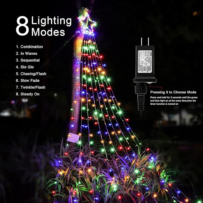 Christmas Decoration Star Lights Outdoor 320 LED 16.4Ft Christmas Tree Toppers String Lights[8 Modes&amp Waterproof] for Halloween Xmas New Year Holiday Birthday (Iron-Multicolor)