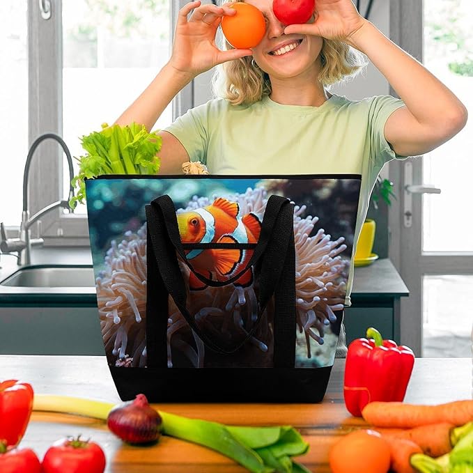 Insulated Shopping BagLarge Reusable Cooler Bags Clown Fish Printed Foldable Shopping BagTravel Waterproof Shoulder Bag