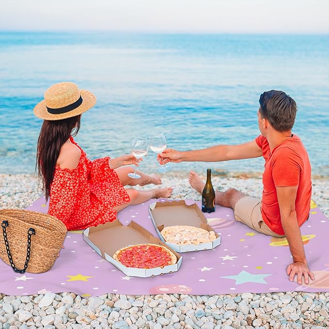 Waterproof Sandproof Beach Blanket 59''×68'' Romantic Starry Night Polyester Outdoor Picnic Blanket with 4 Stakes &amp Storage Bag for BeachCampingVacation Light Purple