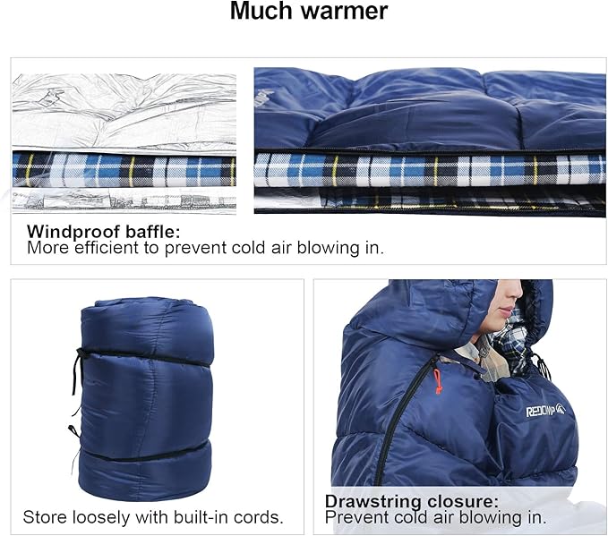 REDCAMP Flannel Sleeping Bag for Adults Comfortable Cotton Sleeping Bags for Camping with Detachable Hood Red/Grey/Blue/Black