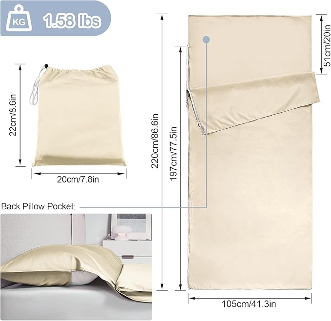 Sleeping Bag LinerLong Staple Cotton Adult Sleep Sack &amp Travel SheetsTravel Sleep Sack for Backpacking Hotels &amp Hostels Lightweight Travel Sheet Camping SheetsHas Full Length Zipper