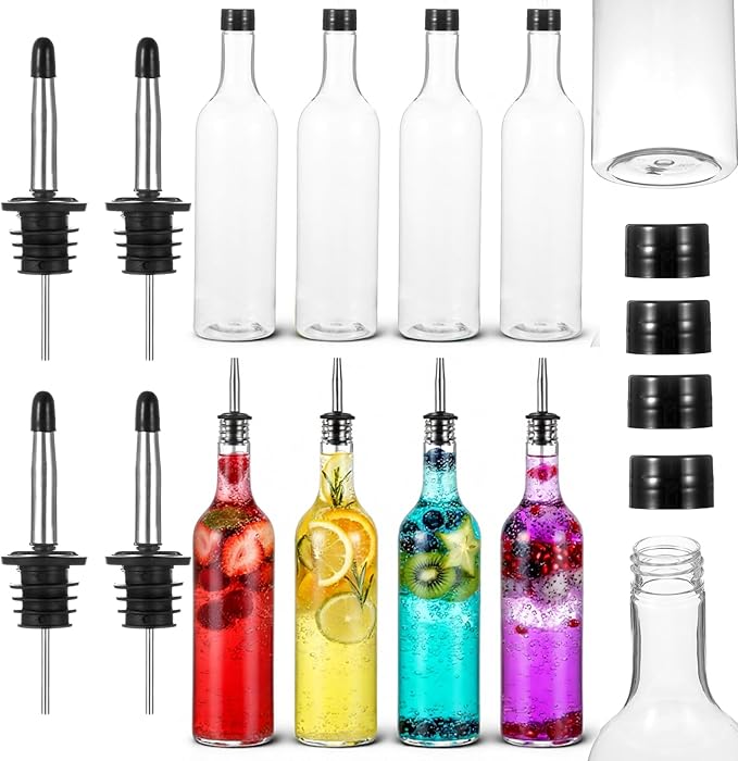 8 Sets 25 oz Plastic Liquor Bottles Long Neck Syrup Juice Bottles with Pourer and Caps Plastic Leakproof Pour Container with Stainless Steel Pourer Tapered Spout for Home Party Bar