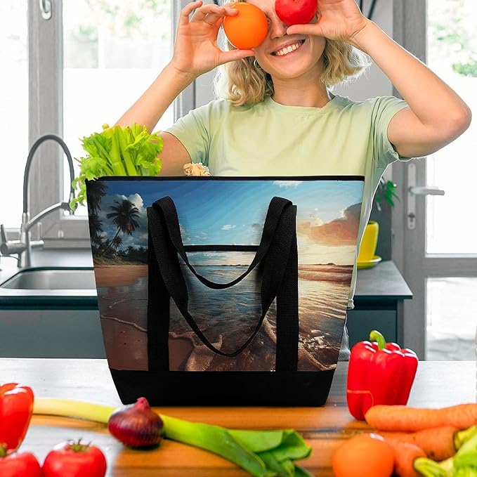 Insulated Shopping BagLarge Reusable Cooler Bags Beach Sunset Tranquil Printed Foldable Shopping BagTravel Waterproof Shoulder Bag