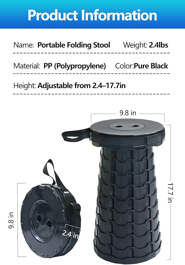 Collapsible Stool Adjustable Height Foldable Stool 396lbs Max Weight Lightweight But Sturdy Folding Stool for Fishing Hiking Tours BBQ Parties Outdoor Activities HEI-2PCS