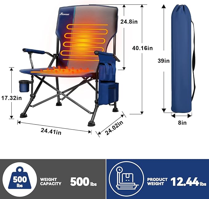 Romswi 2-Pack Heated Camping Chairs 500lbs Heavy Duty Oversized Folding Chair with Dual-Zone Heating &amp Hard Armrests XL Padded Portable Chair for Sports Sideline Tailgate Winter (USB Compatibl