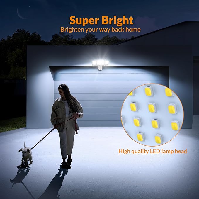 LEPOWER 1600LM LED Solar Security Lights Motion Outdoor Motion Sensor Light 5500K White Light IP65 Waterproof Outdoor Flood Solar Light with 3 Adjustable Head for Yard Garage（White）