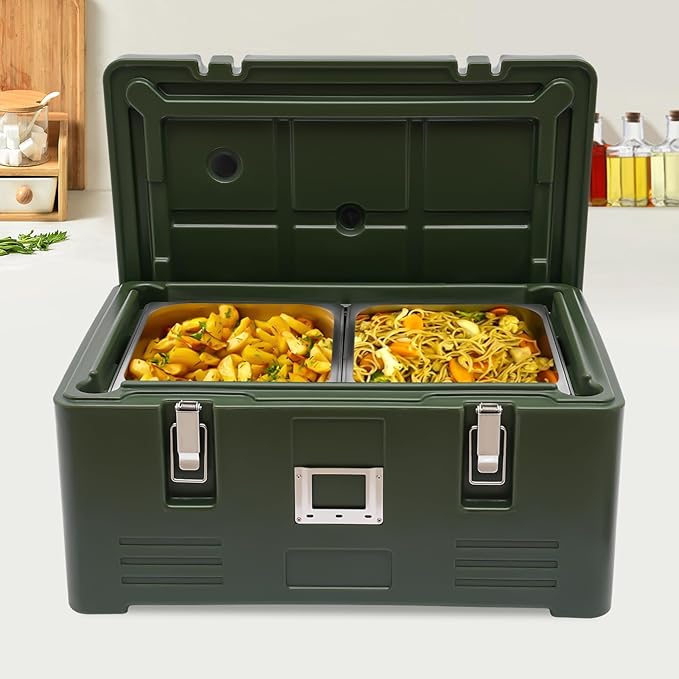 Insulated Food Pan Carrier Box with 2 Food Pans 31.7Qt Hot Cold Storage Container for Catering Camping Outdoor Picnics Green