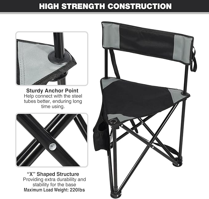 REDCAMP 2 Pack Tripod Camping Chairs Folding Lightweight Portable 3 Legged Tripod Stool Seat with Backrest Small Golf Chair Compact for Adults Fishing Hunting Black