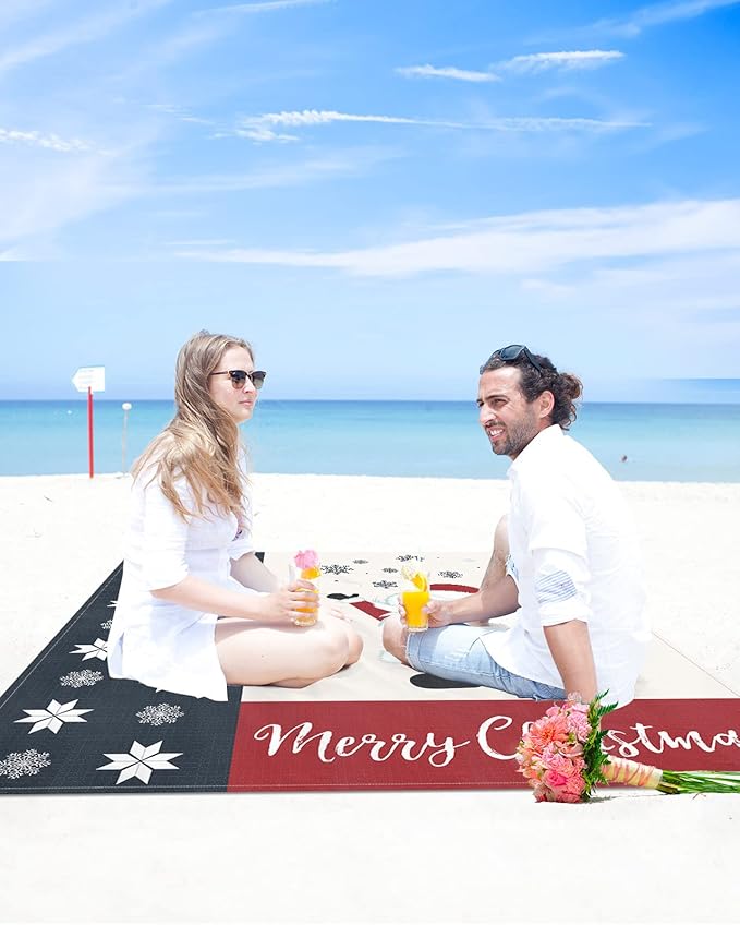 Beach Blanket Waterproof Sandproof Christmas Snowflakes and Cute Dwarf Quick Drying Beach Mat with 4 Stakes Red White and Blue Lightweight Picnic Blanket for Travel Camping Outdoor 95x80