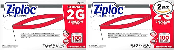 SC Johnson Professional Ziploc Brand Food Storage 2 Gallon Bags Food Storage Ziploc Brand Bags Commercial Pack 100 Count Box for Professional Use Only (Pack of 2)
